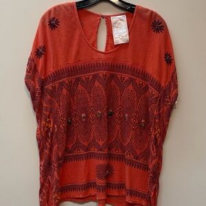 Free People Elegant Terracotta Embroidered Blouse